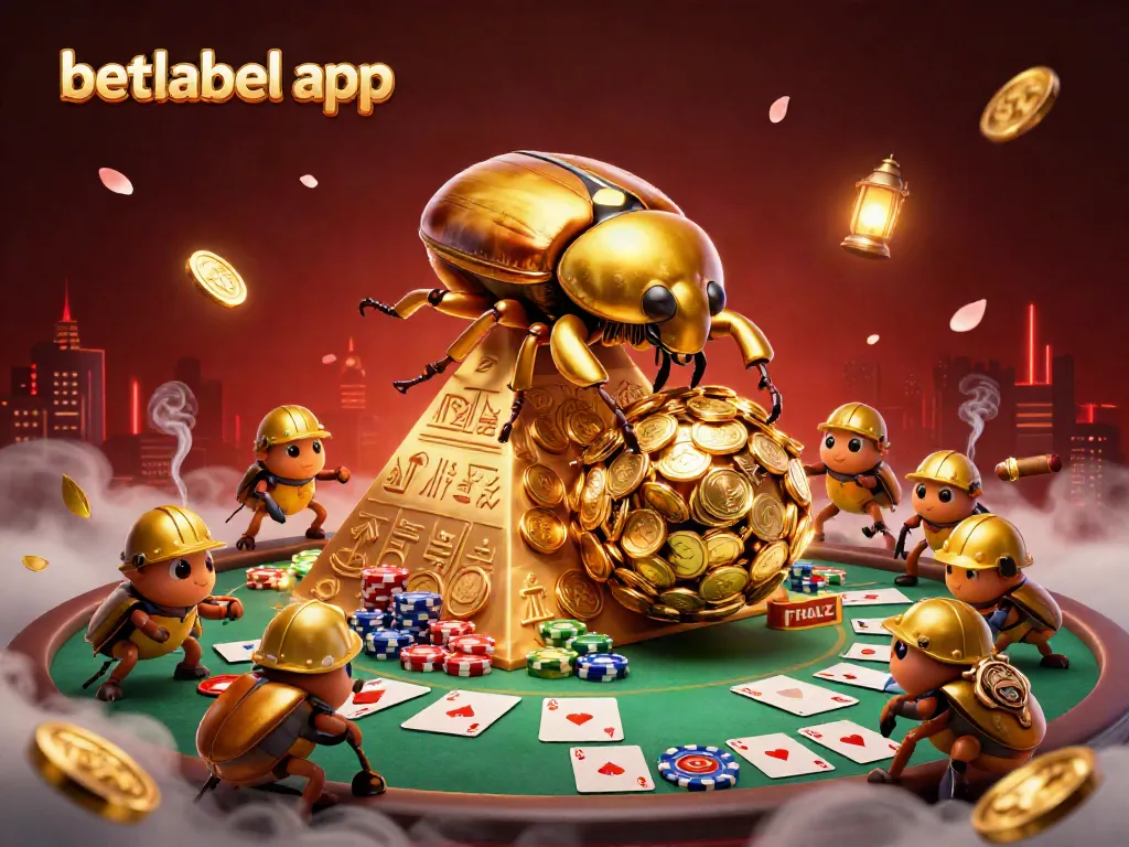 Experience the excitement of the betlabel app as a golden beetle rolls with coins amidst poker elements.