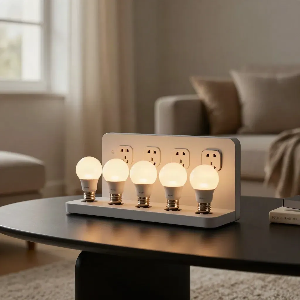 Pack LED con seis bombillas cálidas y accesorios sobre superficie oscura, luz dramática y bruma suave.
