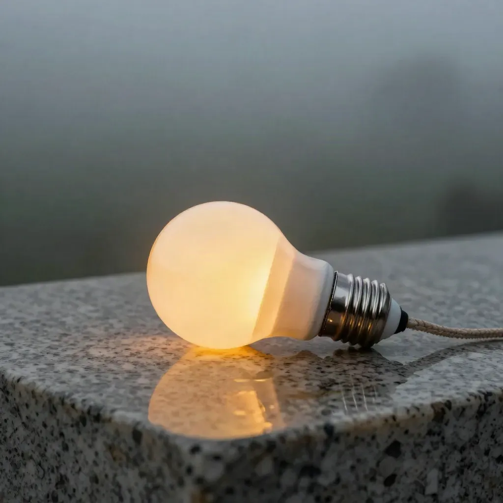 Bombilla LED opalina encendida sobre piedra húmeda con niebla suave y accesorios cerámicos