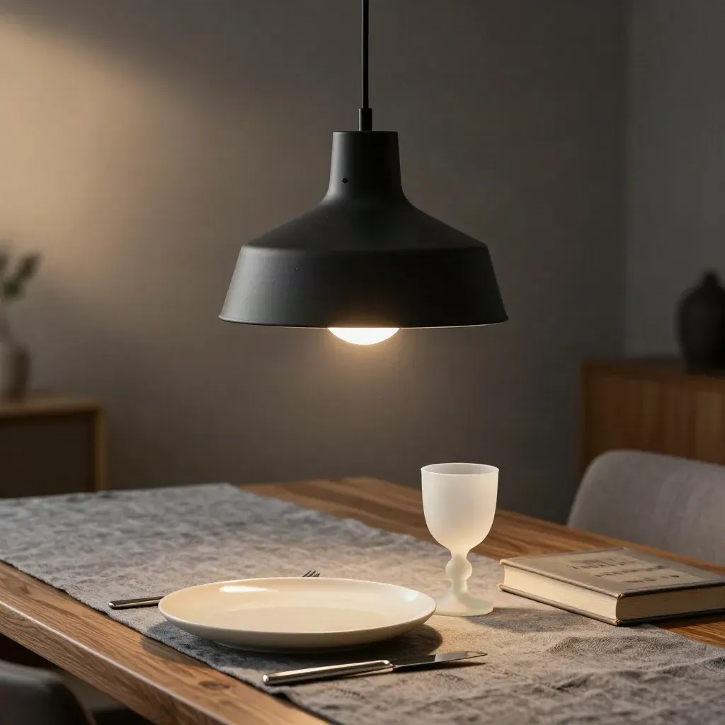 Lámpara colgante negra sobre mesa de comedor con plato, copa opalina y libro cerrado
