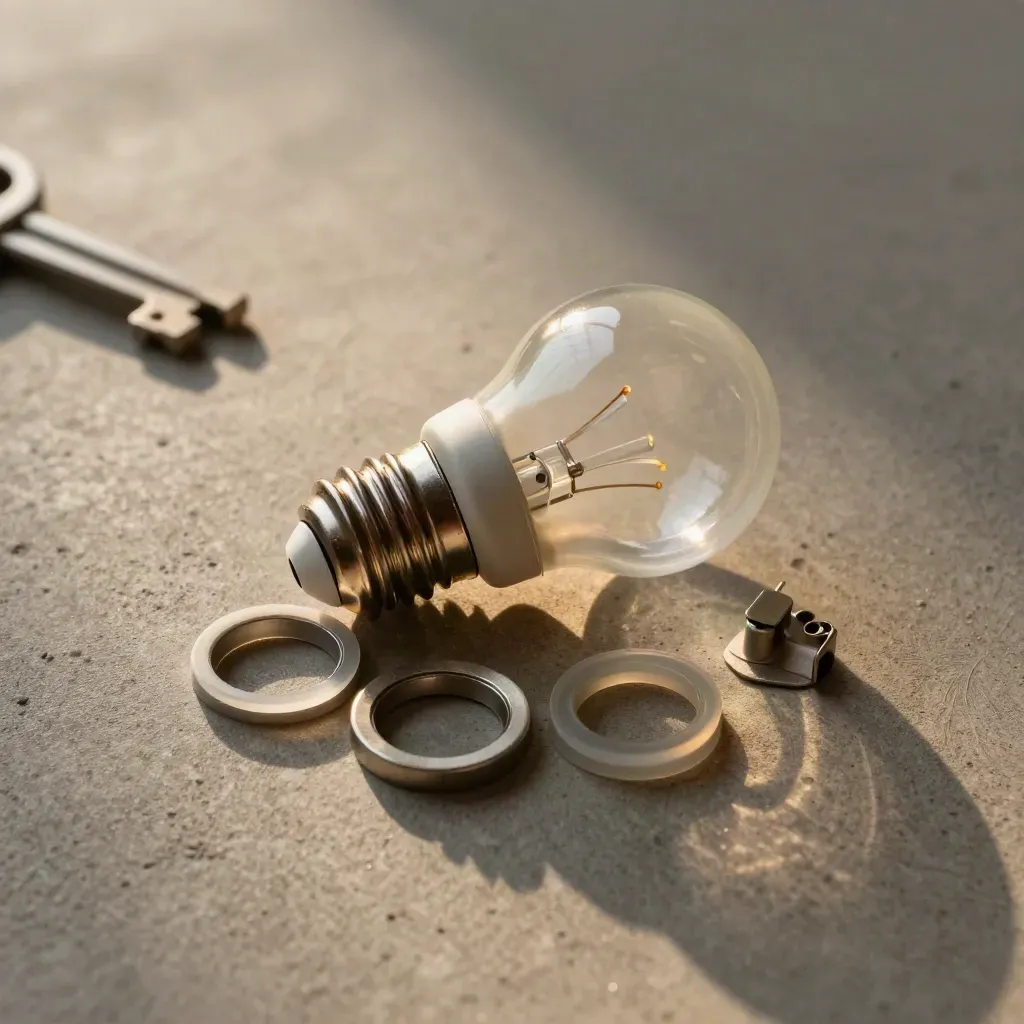 Bombilla GU10 con aros y accesorios sobre piedra gris, con luz oblicua cálida y detalle metálico.