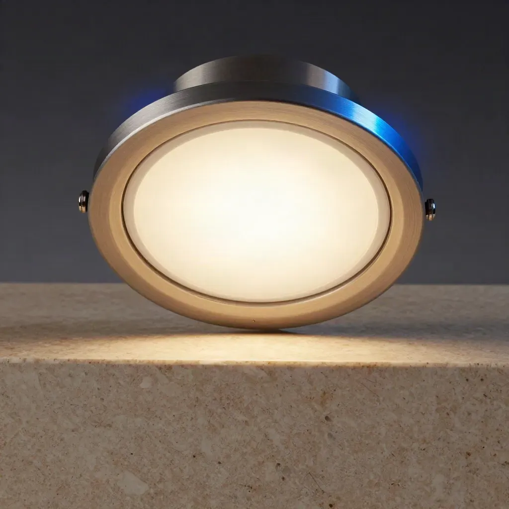 Plafón LED opal con anillo metálico sobre travertino, brillo suave y fondo limpio.