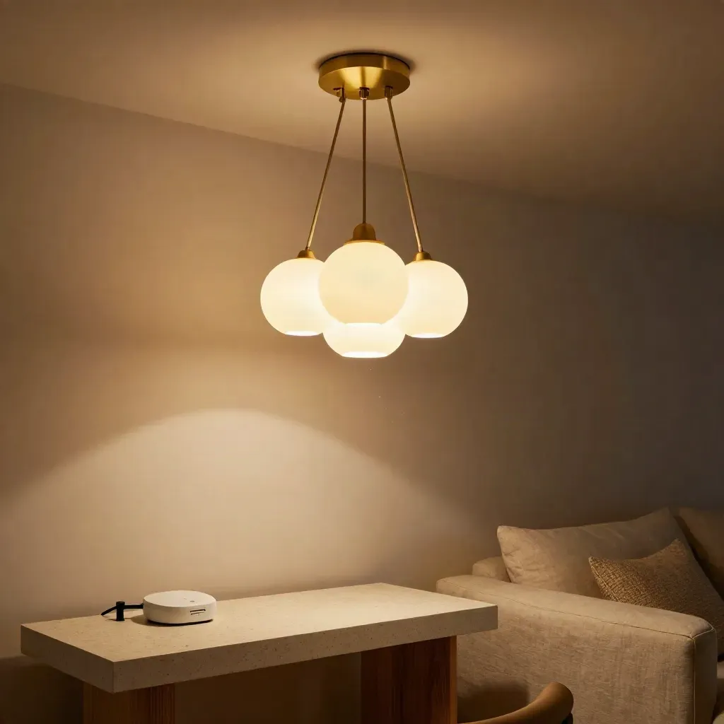 Lámpara colgante, bombillas LED, regulador y herrajes iluminan un salón cálido con sofá desenfocado.