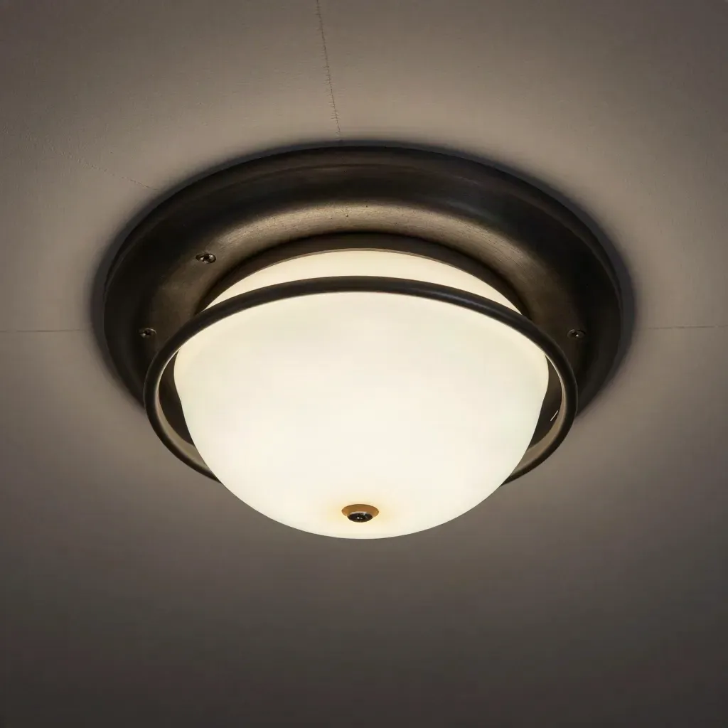 Lámpara de techo Oslo instalada bajo un techo de yeso, vista desde abajo con luz suave.