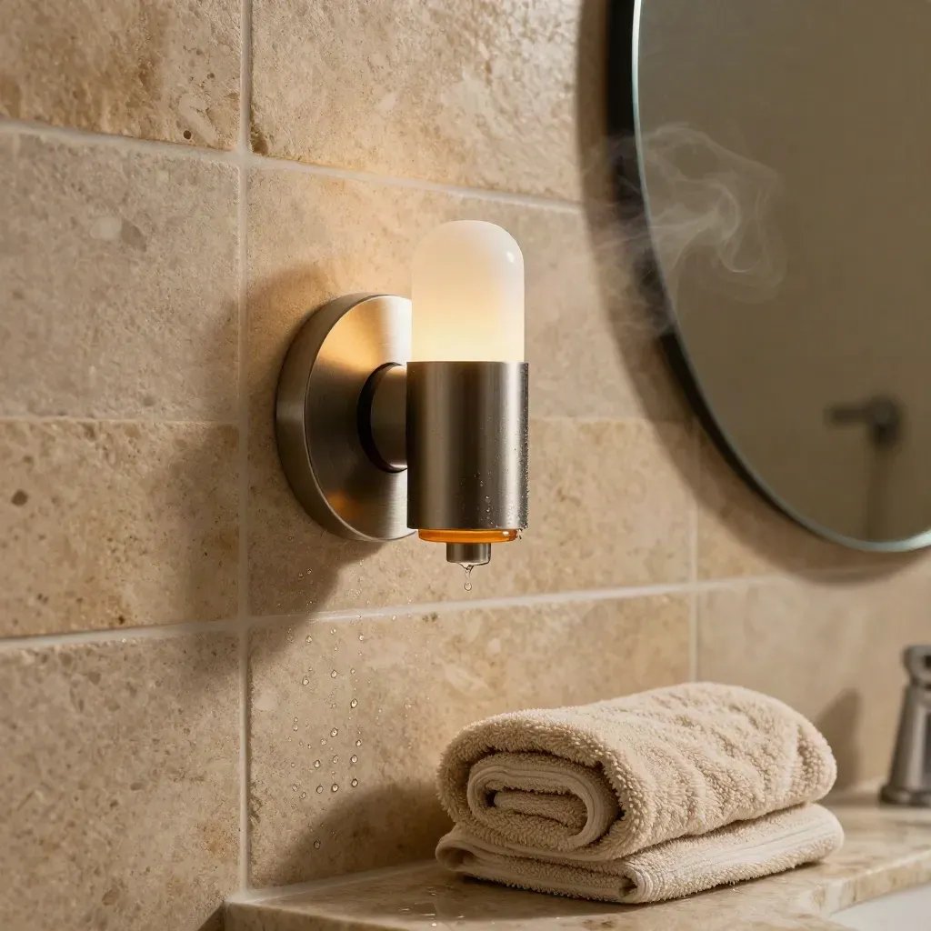 Aplique de baño de metal cepillado junto a azulejo de piedra, espejo y toalla húmeda.