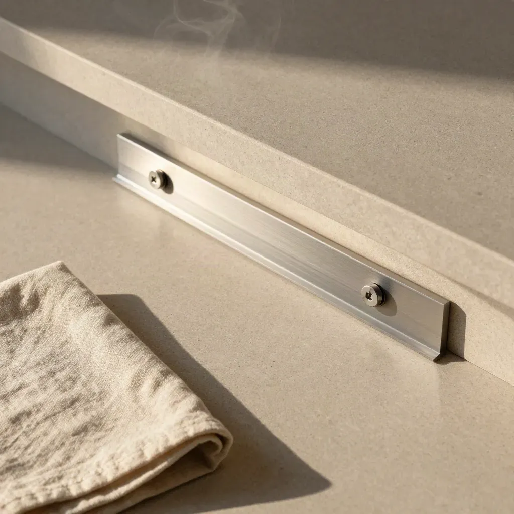 Regleta LED de cocina con piezas de montaje sobre piedra y lino doblado