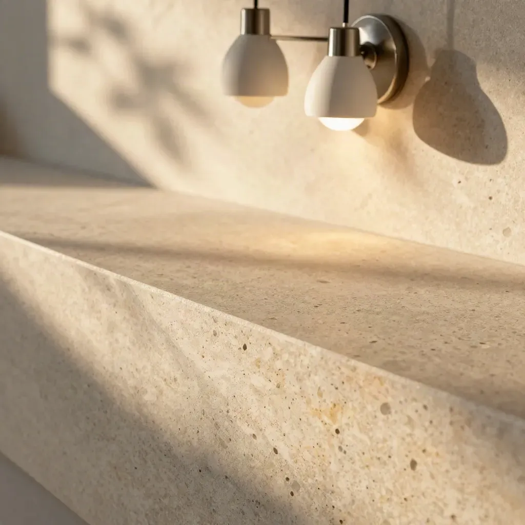Superficie de travertino iluminada, con lámparas desenfocadas arriba y espacio vacío abajo.