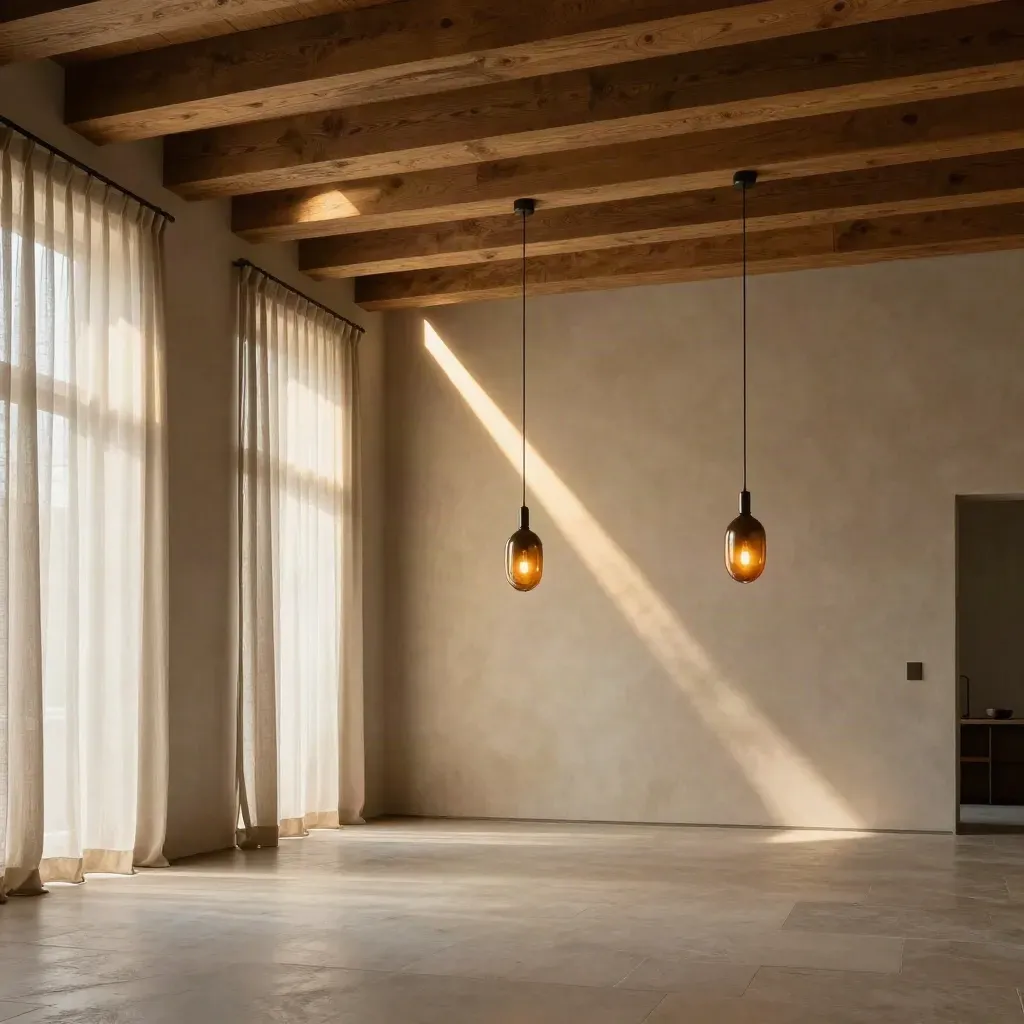 Comedor alto con vigas de madera, cortinas de lino y lámparas colgantes al sol
