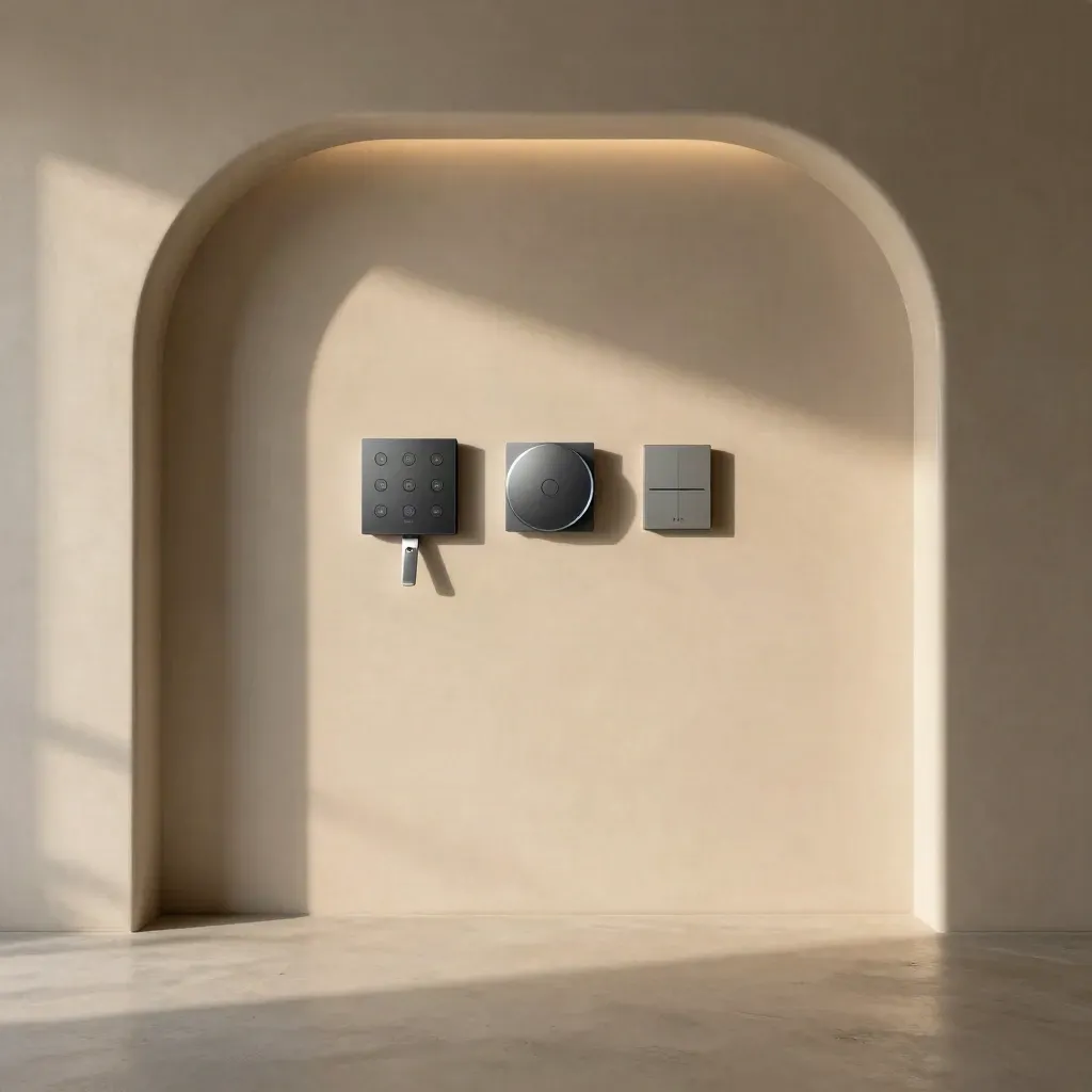 Rincón minimalista de domótica con paneles empotrados y luz suave en pared de yeso.