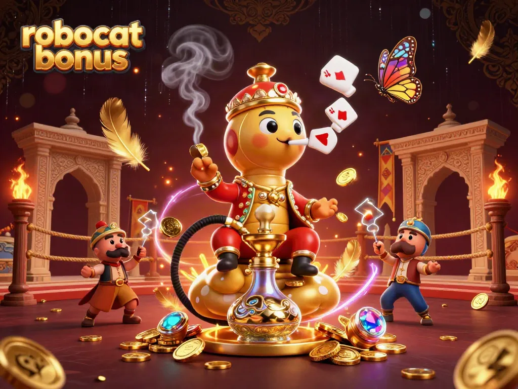 Play and win with Robocat bonus in this vibrant casino-themed 3D illustration showcasing exciting elements.