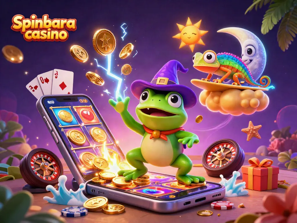 Engage with spinbara casino's thrilling experience featuring a wizard frog and chameleon amidst a storm of coins.